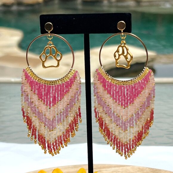 Handmade Beaded Long Fringe Paw Love Dangle Drop Lightweight Post Hoop Earrings - Picture 5 of 9